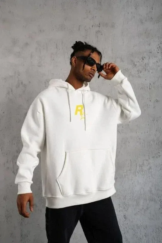 Mêr Spî Oversize 3 Têl Pembeyî Bi Kevanê Çapkirî Bi Berîkê Sweatshirt 1
