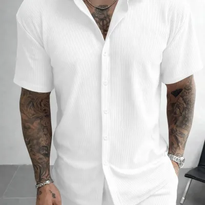 Bianco Oversize Cotone Costina Maschio Camicia 6