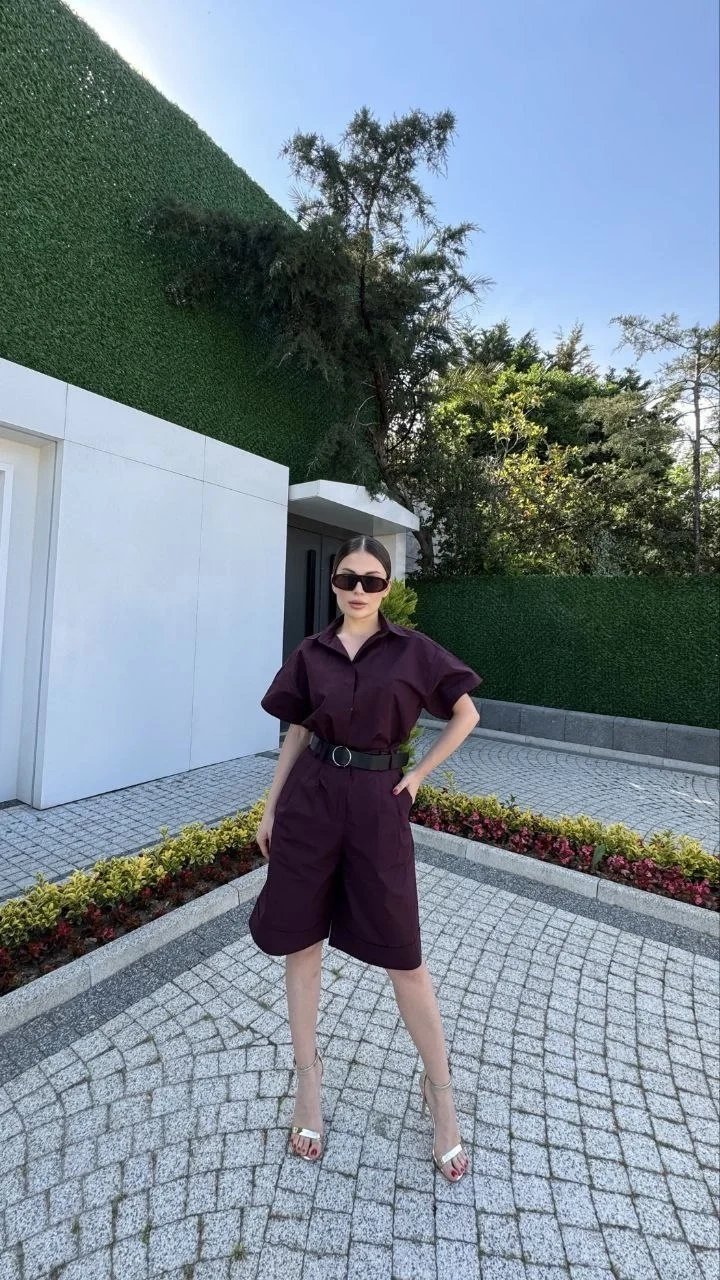 Kadın Bordo Kemerli Şort Takım Yakalı Gömlek Alt-Üst