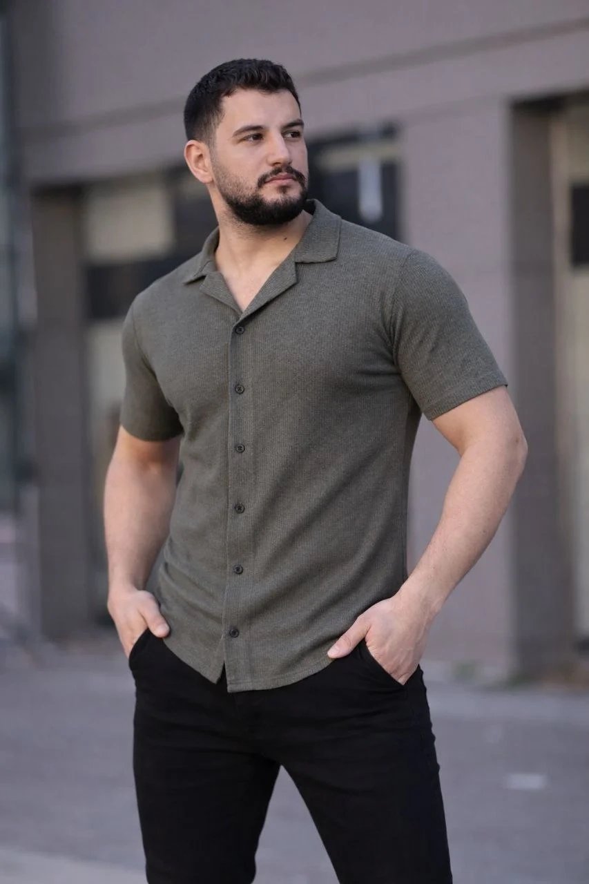 Erkek Haki Regular Fit Waffle Kumaş Düğmeli Açık Yaka Gömlek