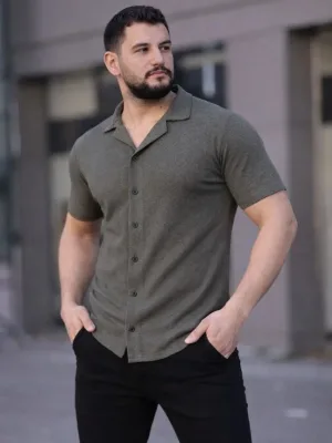 Ανδρικό Χακί Regular Fit Πουκάμισο με Waffle Ύφασμα, Κουμπιά και Ανοιχτό Γιακά