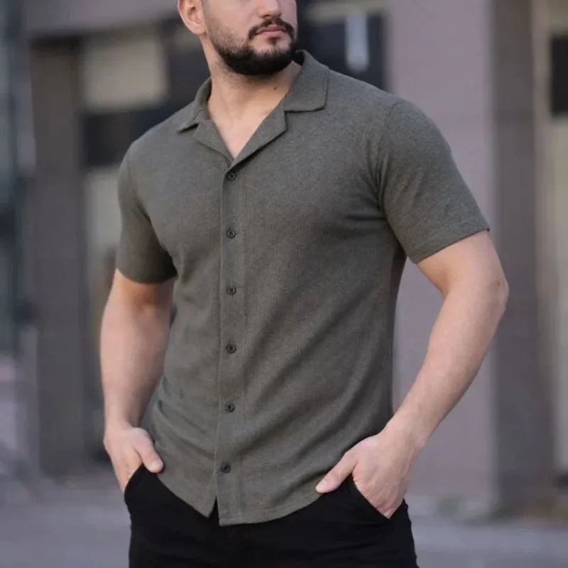 Kişi Xaki Regular Fit Waffle Parça Düyməli Açıq Yaxa Köynək
