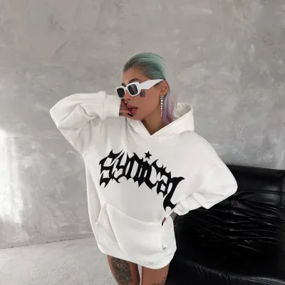 Women's White Oversize 3-Thread Cotton Hooded Printed Sweatshirt 1