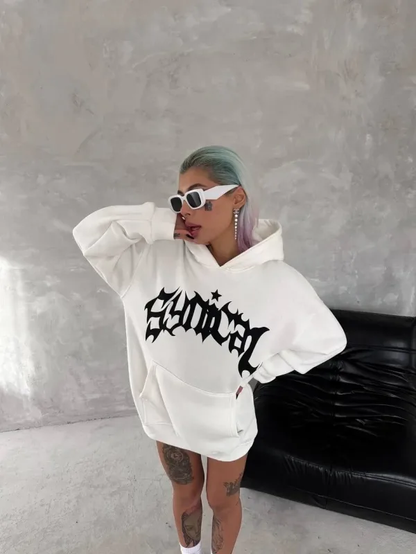 Women's White Oversize 3-Thread Cotton Hooded Printed Sweatshirt 1