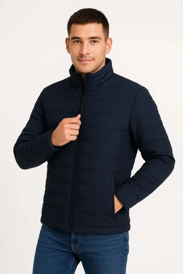 Men's Navy Water-Repellent Quilted Lined Zippered Bomber Jacket 4