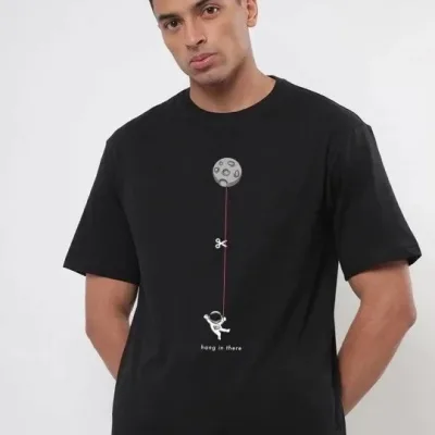 Men's Black Regular Bicycle Neck Printed Short Sleeve T-Shirt 1