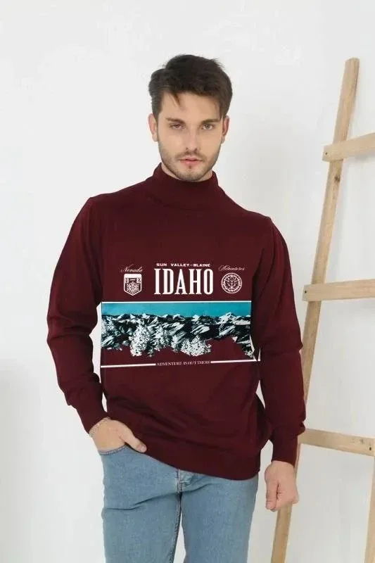 Pánský vínový poloroláčkový límec potištěný pletený svetr