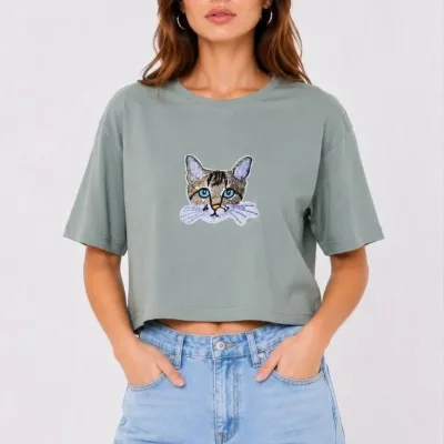 Kadın Mint Yeşili Oversize Kedi Baskılı Crop Tişört 2