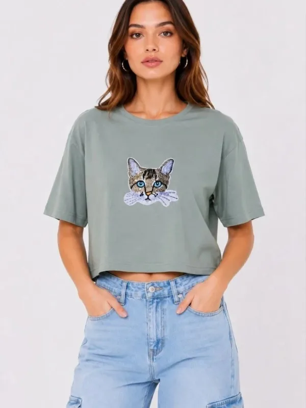 Kadın Mint Yeşili Oversize Kedi Baskılı Crop Tişört 2