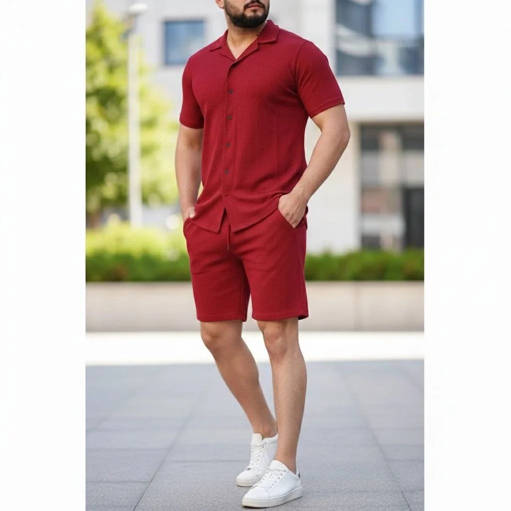 Чоловічий бордовий комплект з сорочки з коротким рукавом та шортів, regular fit, вафельна тканина 3