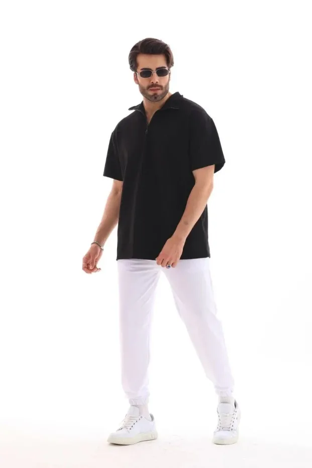 Erkek Siyah Oversize Yarım Fermuarlı Pamuklu Tişört 2
