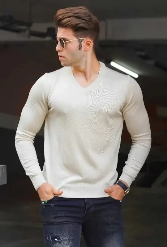 Men's Cream V-Neck Plain Weave Long Sleeve Knit Sweater