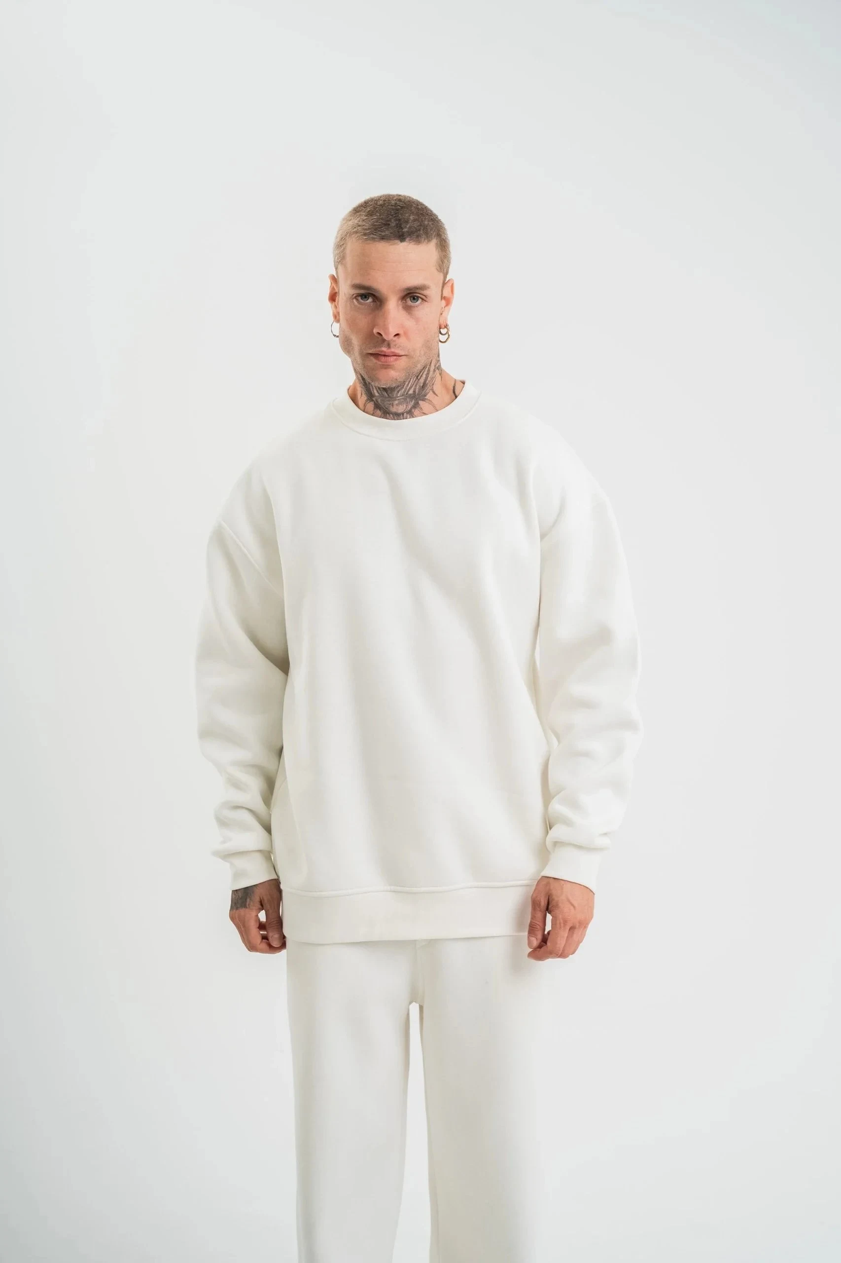 Машки бел долг ракав велосипед јака 3-нишки памучен дебел Sweatshirt