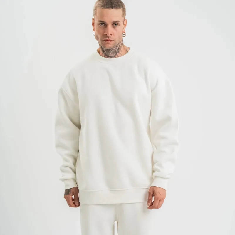 Muški bijeli dugi rukav bicikli kragna 3 pređe pamučni debeli sweatshirt