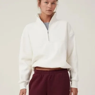 Női Fehér Oversize Félcipzáras Pamut Basic Sweatshirt 1