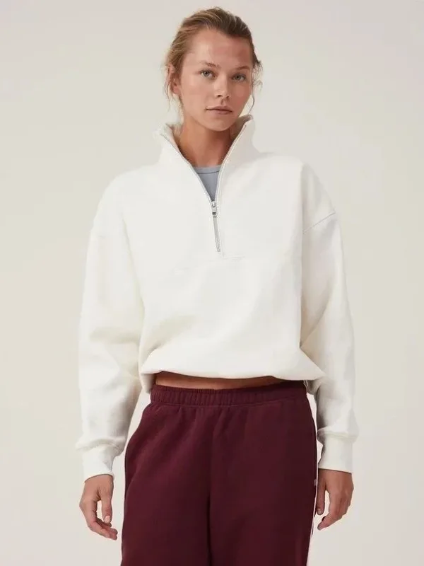Női Fehér Oversize Félcipzáras Pamut Basic Sweatshirt 1