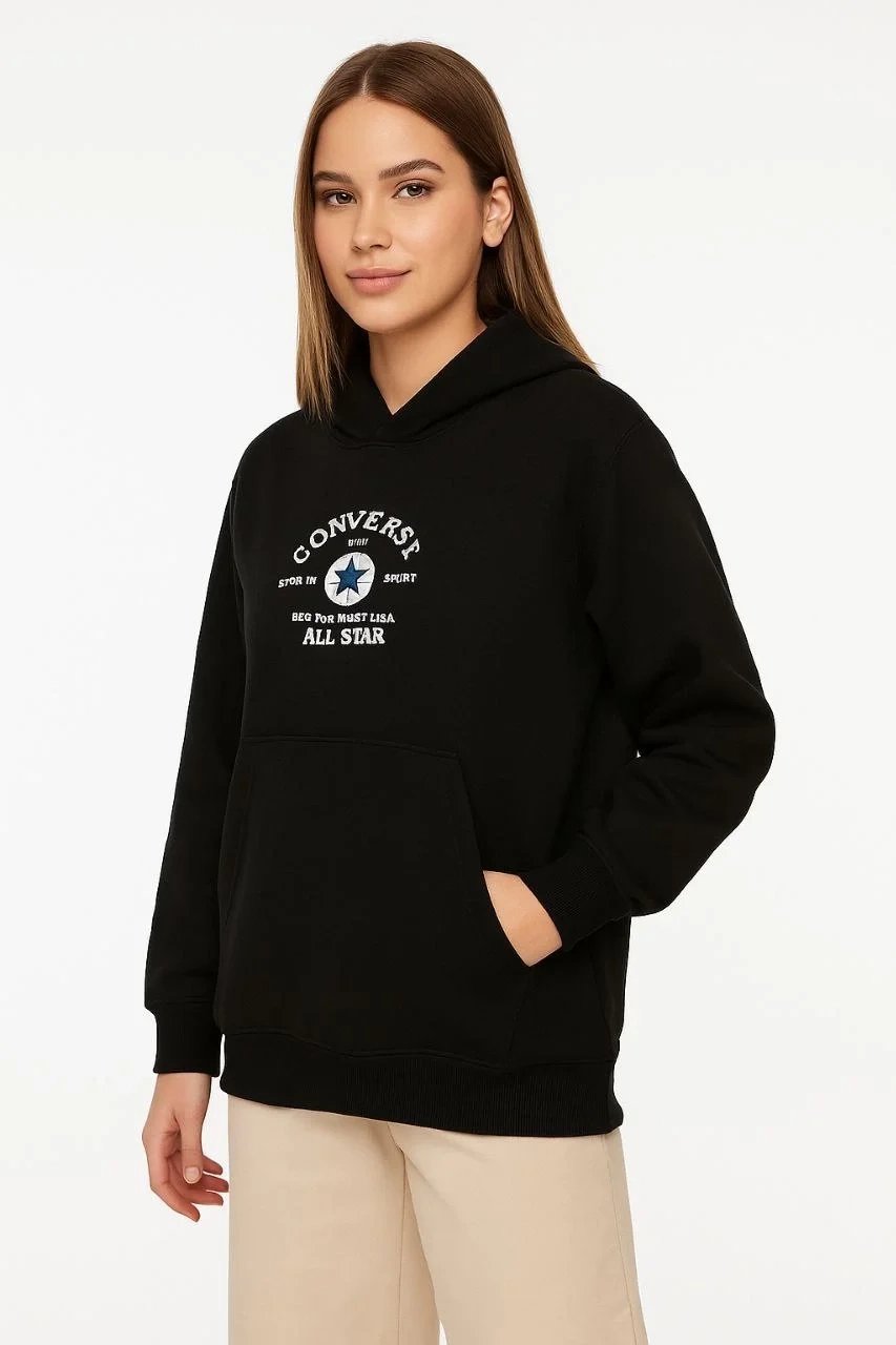 Jinê Reş 3 Têl Pembû Bi Çapî Hoodî Berîkên Kangurû Sweatshirt 1
