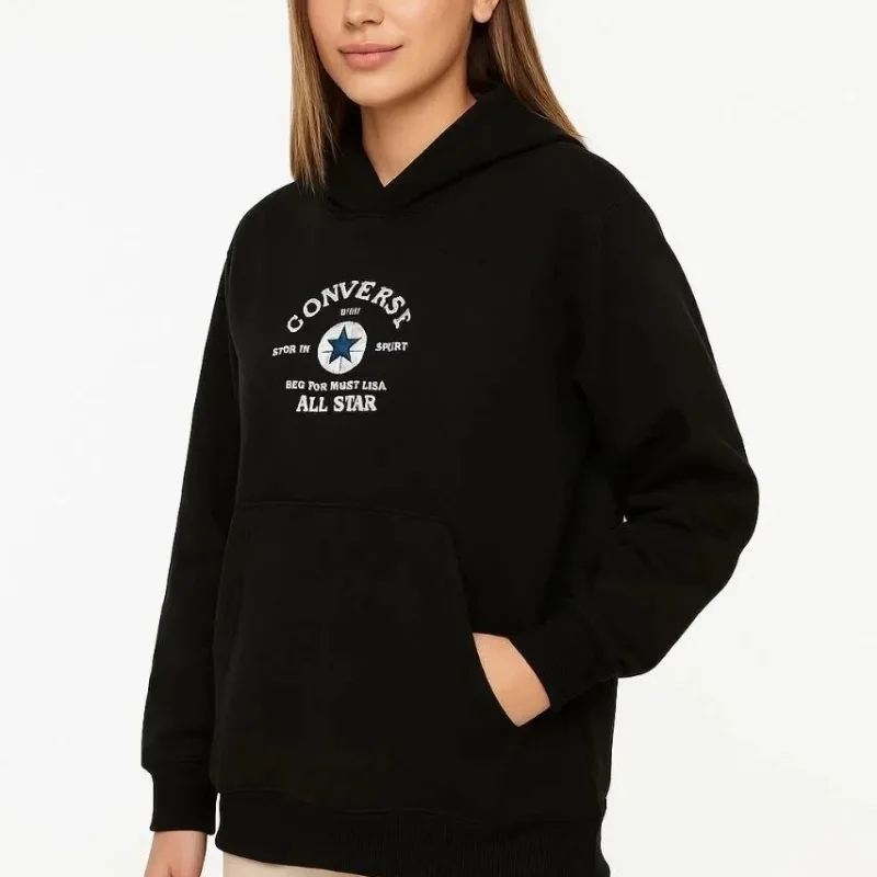 Femeie Neagră 3 Fire Bumbac Imprimat Glugă Buzunar Cangur Sweatshirt