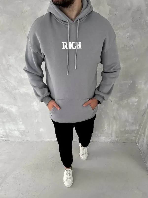 Pánský šedý oversized bavlněný sweatshirt s kapucí a potiskem, 3 nitě 1