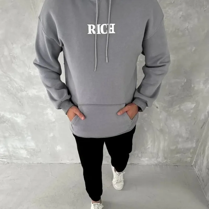 Muški sivi oversize 3-nitni pamučni kapuljačasti tiskani sweatshirt