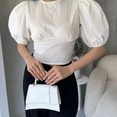 Melon Sleeve Back Neckline Poplin Blouse White 2