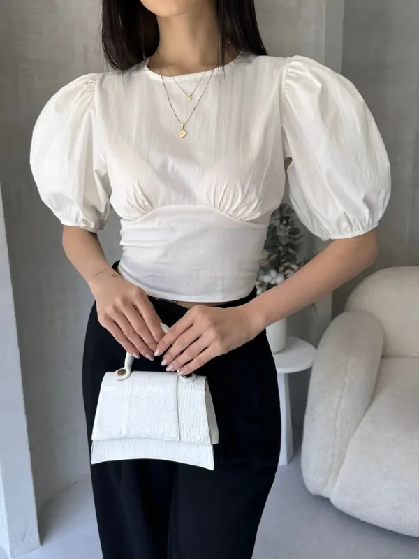 Melon Sleeve Back Neckline Poplin Blouse White 2