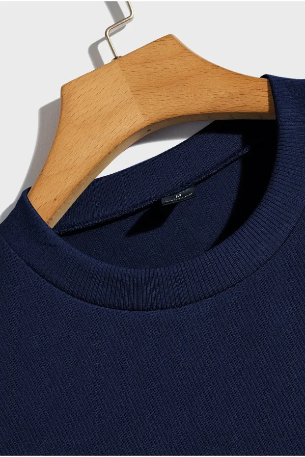 Maschio Blu Scuro Oversize Costina Cotone Premium T-Shirt 4