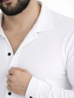 Ανδρικό Λευκό Regular Fit Πουκάμισο με Waffle Ύφασμα, Κουμπιά και Ανοιχτό Γιακά