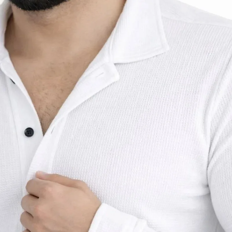 Men's White Regular Fit Waffle Fabric Buttoned Open Collar Shirt