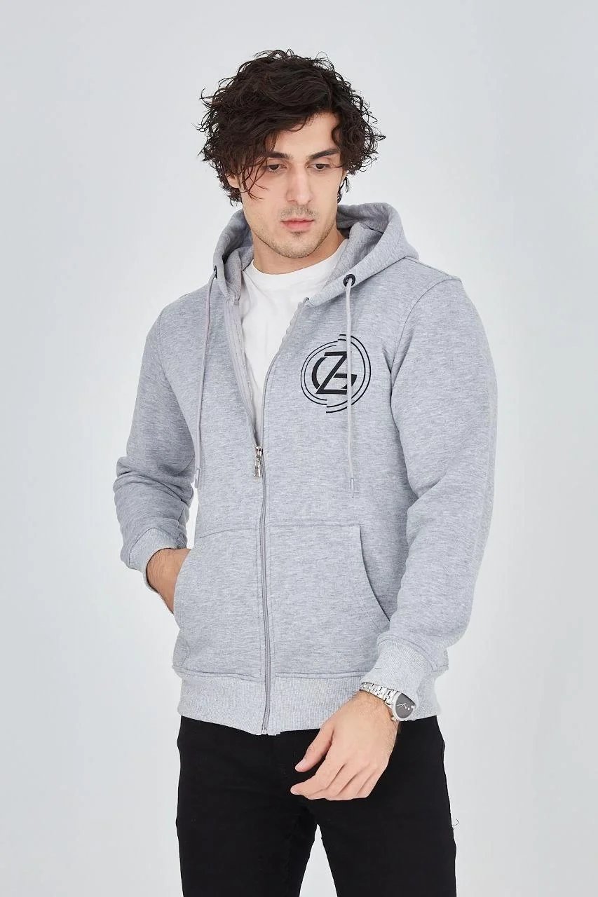 Férfi szürke 3 szálas pamut cipzáras kapucnis nyomott hoodie 4
