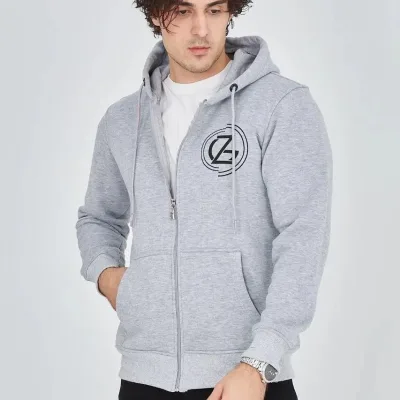 Men's Gray 3-Thread Cotton Zippered Hooded Printed Hoodie 4