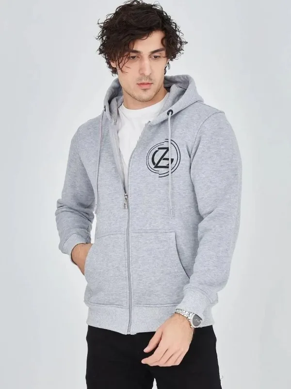 Men's Gray 3-Thread Cotton Zippered Hooded Printed Hoodie 4