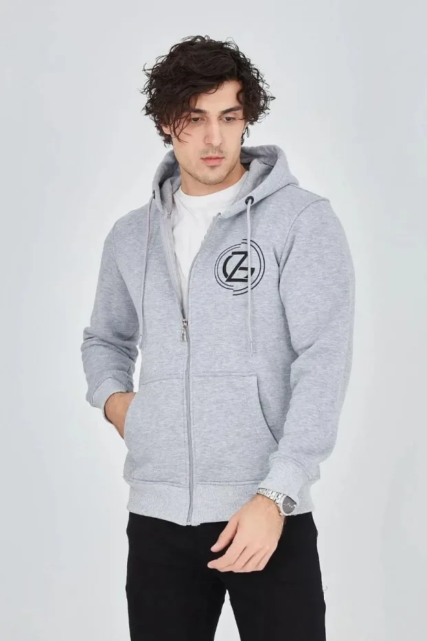 Erkek Gri 3 İplik Pamuklu Fermuarlı Kapüşonlu Baskılı Hoodie 4
