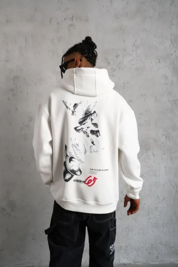 Sweatshirtê Mêran ê Spî, Oversize, 3 Têl, Pembû, Bi Kevan, Bi Çapkirin 1