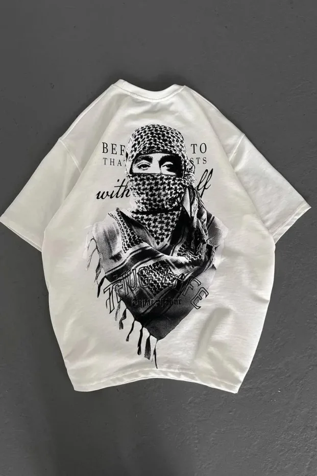 Bărbat Alb Tricou cu Guler Bicicletă Imprimat cu Eșarfă Palestiniană 7