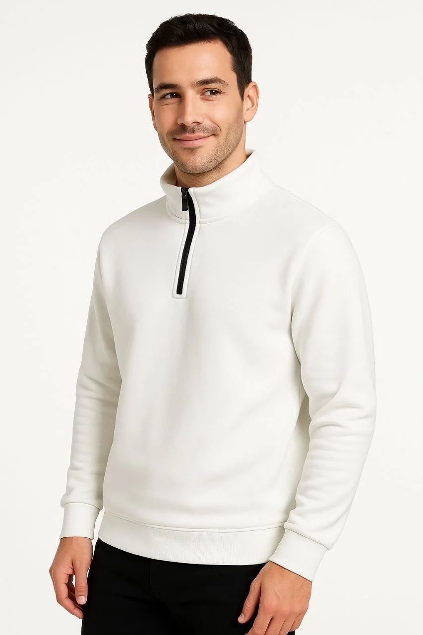 Sweatshirtê Mêran ê Spî ê Stûyê Rast ê Nîvfermuar ê 3 Têlî yê Pembû 4