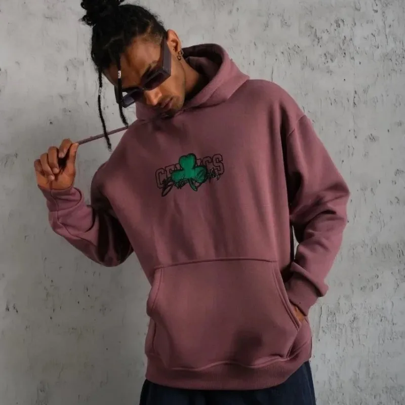 Men's Dusty Rose 3-Thread Cotton Hooded Printed Sweatshirt with Pockets