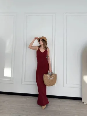 Women's Burgundy Braided Long Knit Dress