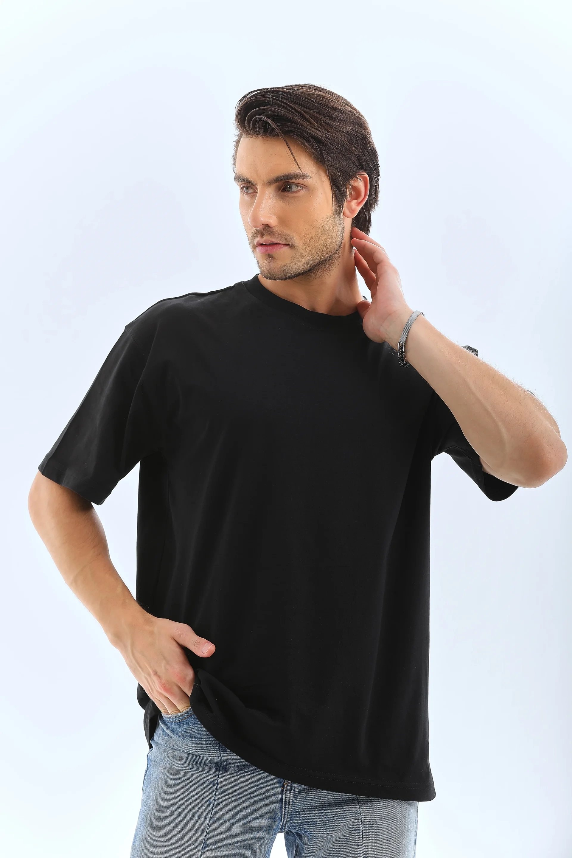 Bărbați Negru Oversize Guler Bicicletă Tricou Simplu de Vară 4