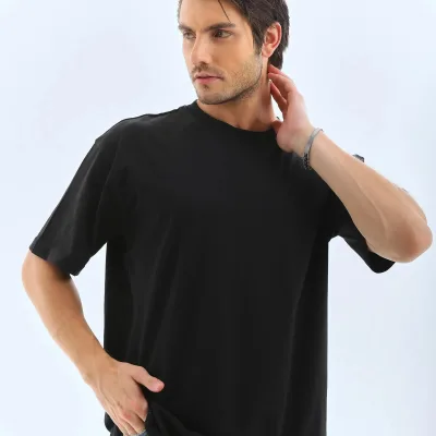 Ανδρικό Μαύρο Oversize Ποδηλατόλαιμο Απλό Καλοκαιρινό T-shirt 4