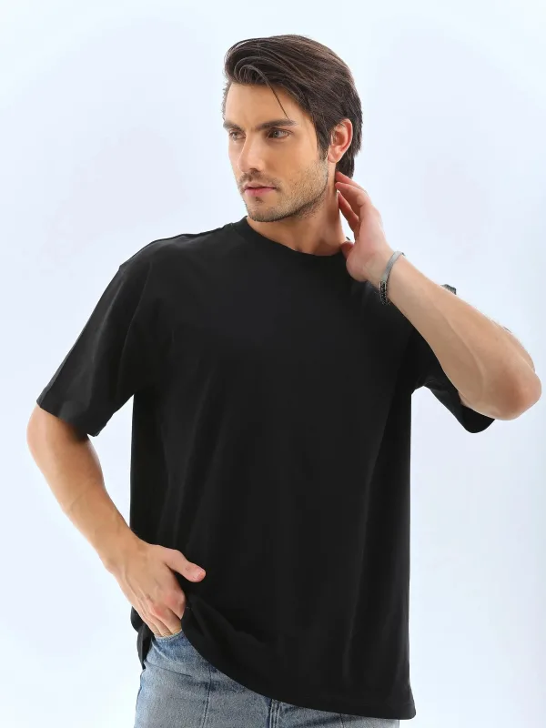 Ανδρικό Μαύρο Oversize Ποδηλατόλαιμο Απλό Καλοκαιρινό T-shirt 4