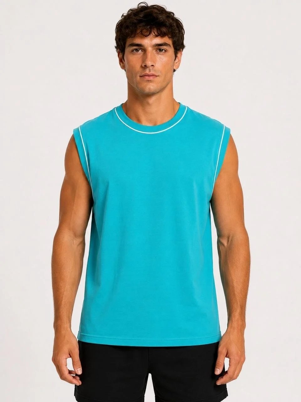 Masculin Turcoaz Guler Bicicletă Contrast Piping Fără Mâneci Tricou 2