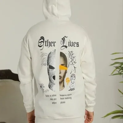 Muški bijeli 3-nitni pamučni kapuljačasti tiskani sweatshirt s klokan džepom 3