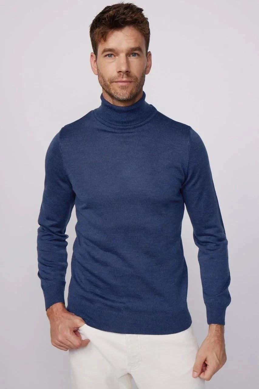 Masculin Indigo Guler Turtleneck Maneca Lunga Tricou