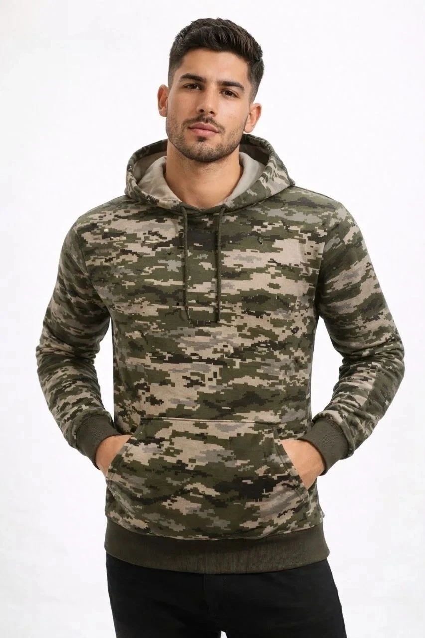 Pánský maskáčový sweatshirt s kapucí a klokaní kapsou, 2 nitě