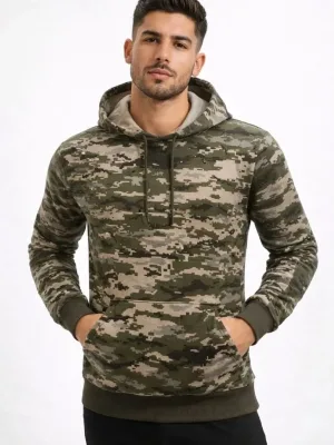 Pánský maskáčový sweatshirt s kapucí a klokaní kapsou, 2 nitě