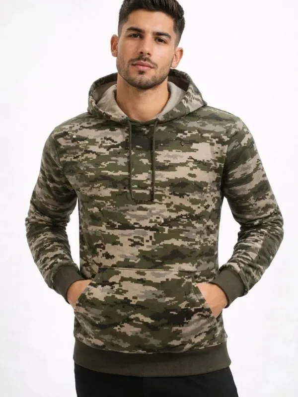 Pánský maskáčový sweatshirt s kapucí a klokaní kapsou, 2 nitě 1