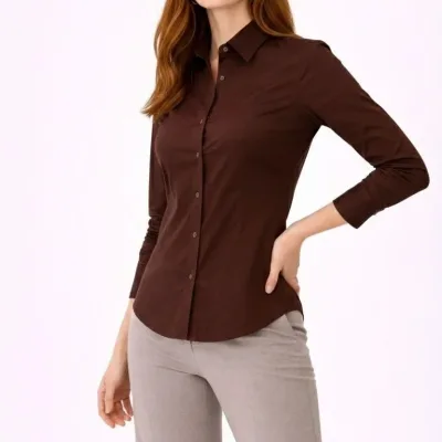 Women's Brown Classic Collar Buttoned Long Sleeve Daily Office Shirt 4