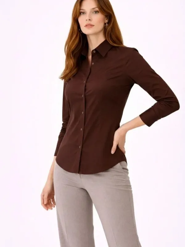 Women's Brown Classic Collar Buttoned Long Sleeve Daily Office Shirt 4