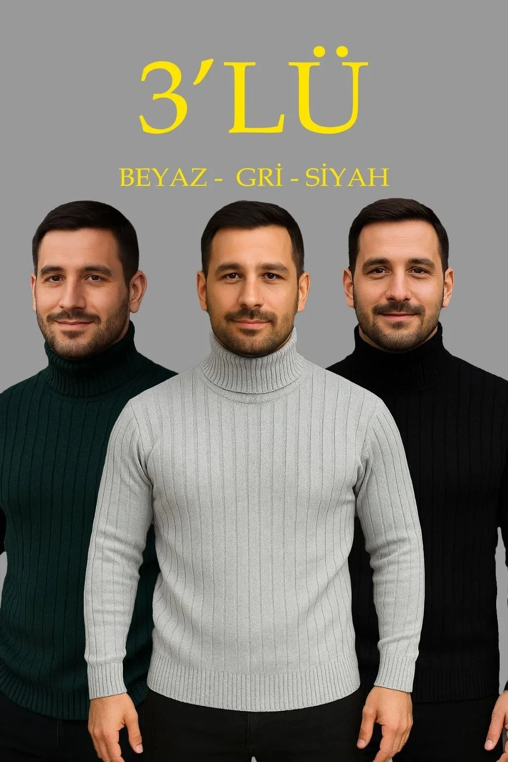 Men's 3-Piece Set Ribbed Full Turtleneck Knit Sweater